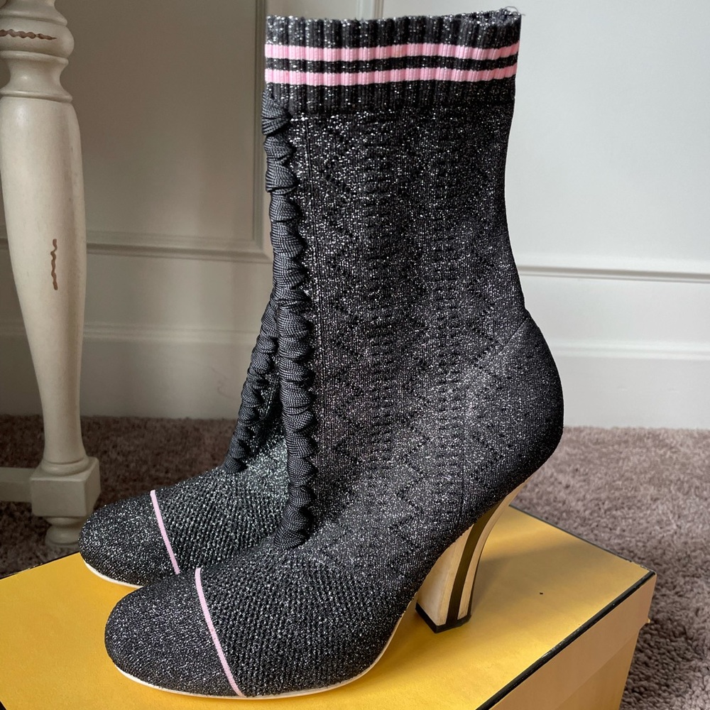 FENDI Strech Fabric Heeled Boots Ballerina style with sparkles.